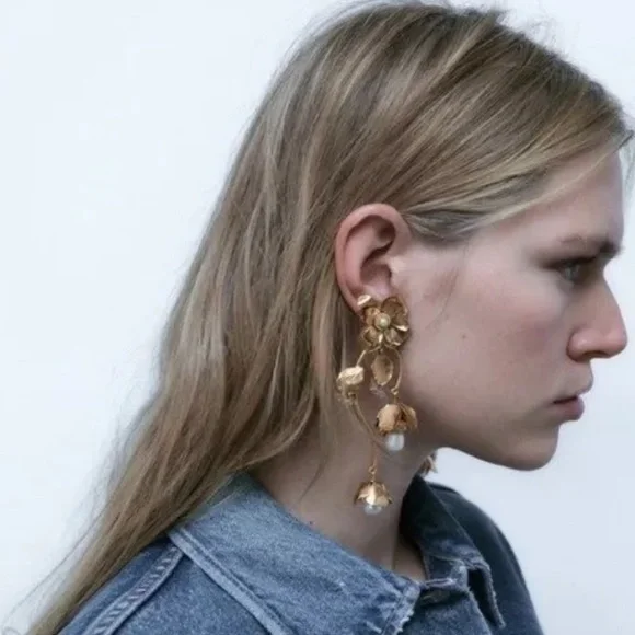 Gold Floral Drop Earrings - Picture 11 of 11